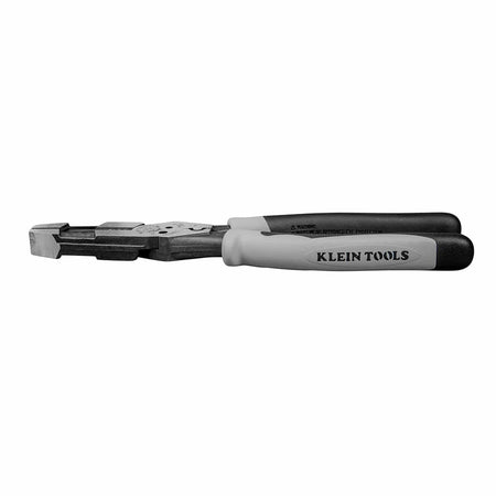 An edge profile layout of the side-cutting hybrid combination pliers lying flat horizontally against a white surface, displaying the precise jaw thickness matching, a structural warning label over the gray polymer substrate, and the embossed company branding running along the black rubberized handle scales.