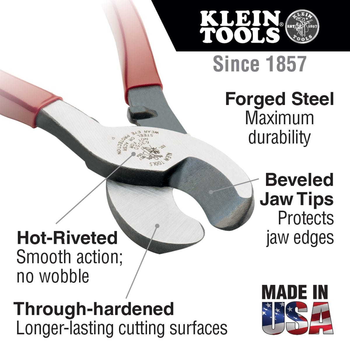 An infographic for the J63050 Journeyman cutter highlighting its forged steel construction for maximum durability, beveled jaw tips to protect edges, and a hot-riveted joint for smooth action without wobble, noting the through-hardened cutting surfaces.