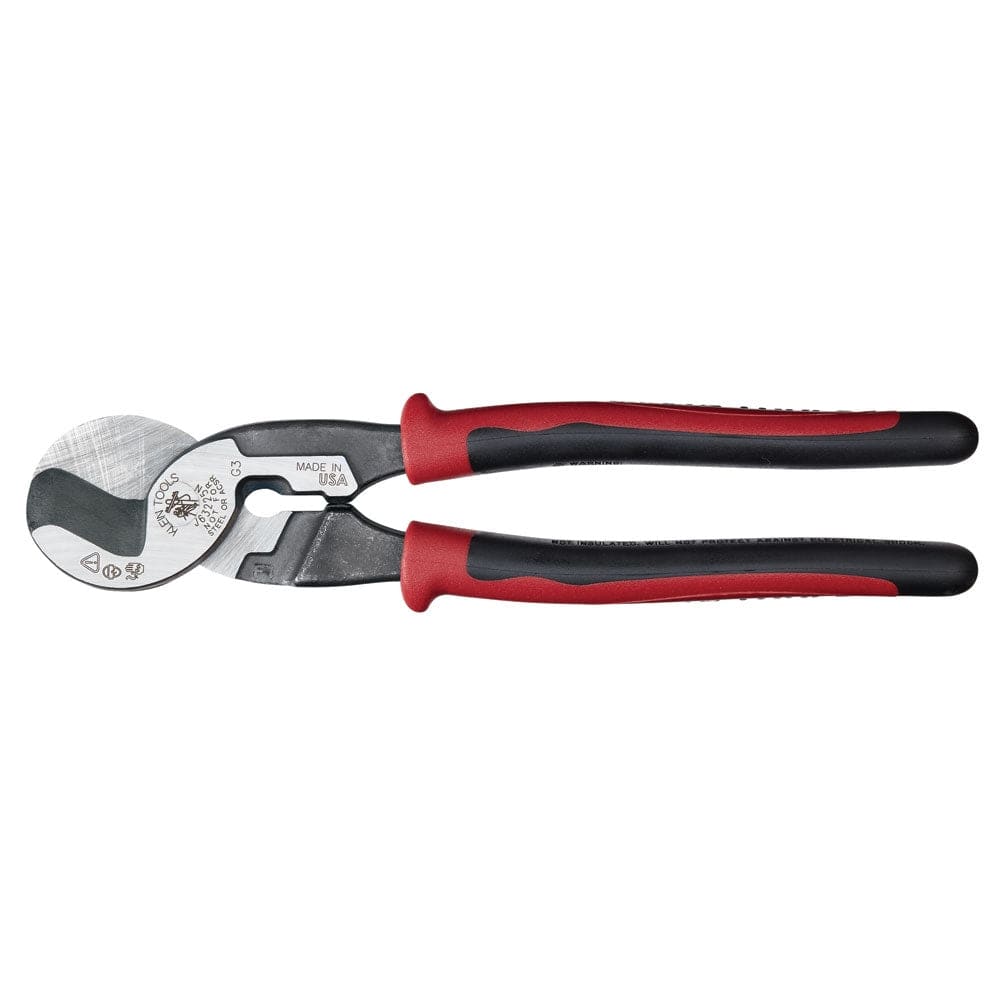 A top-down studio view of the Klein J63225N 9-inch high-leverage cable cutter, showing the precision shear-type jaws closed and the ergonomic Journeyman grip handles.