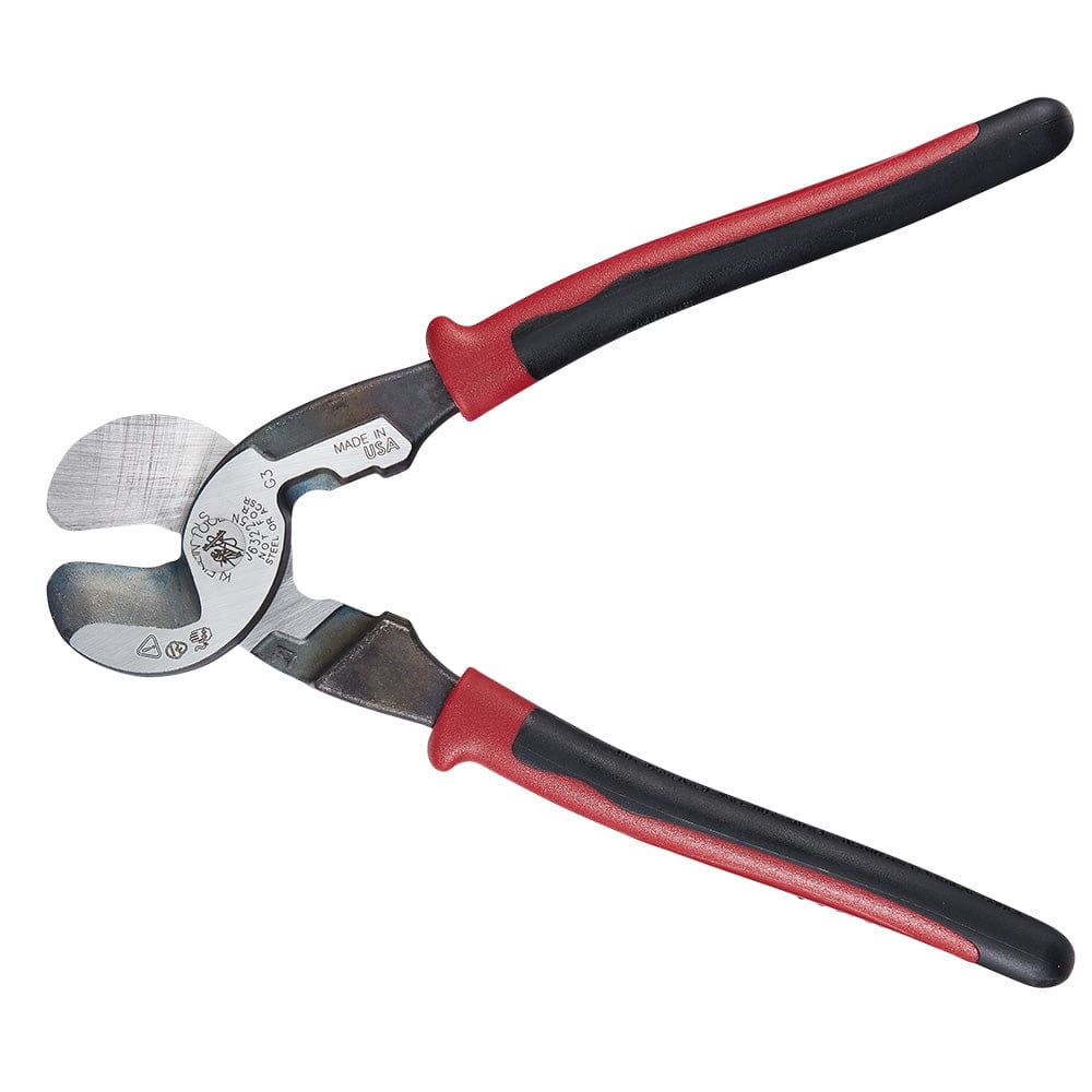 A wide-angle product shot of the Klein Tools J63225N Journeyman cable cutter with the jaws fully open, highlighting the specialized cable-gripping cutting profile and integrated stripping hole.