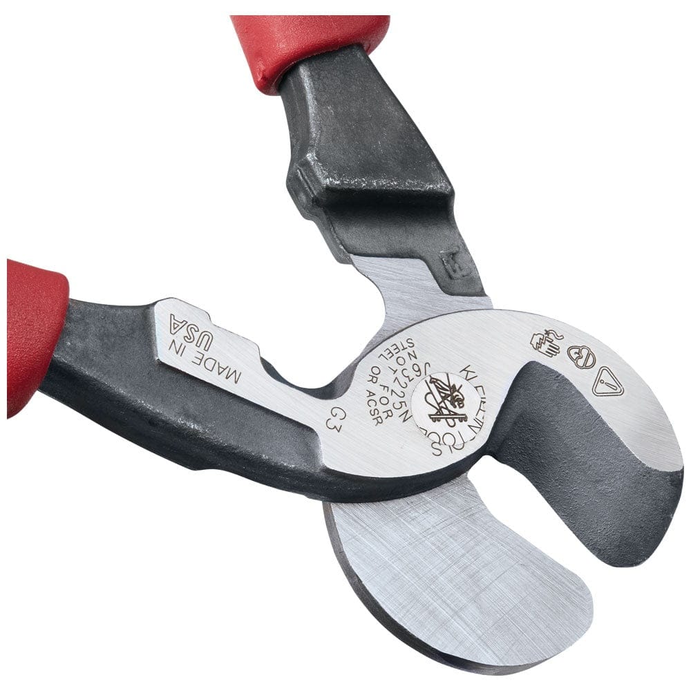 A detailed side profile of the open shear-type jaws on the Klein J63225N high-leverage cutter, showcasing the through-hardened professional-grade cutting surfaces.