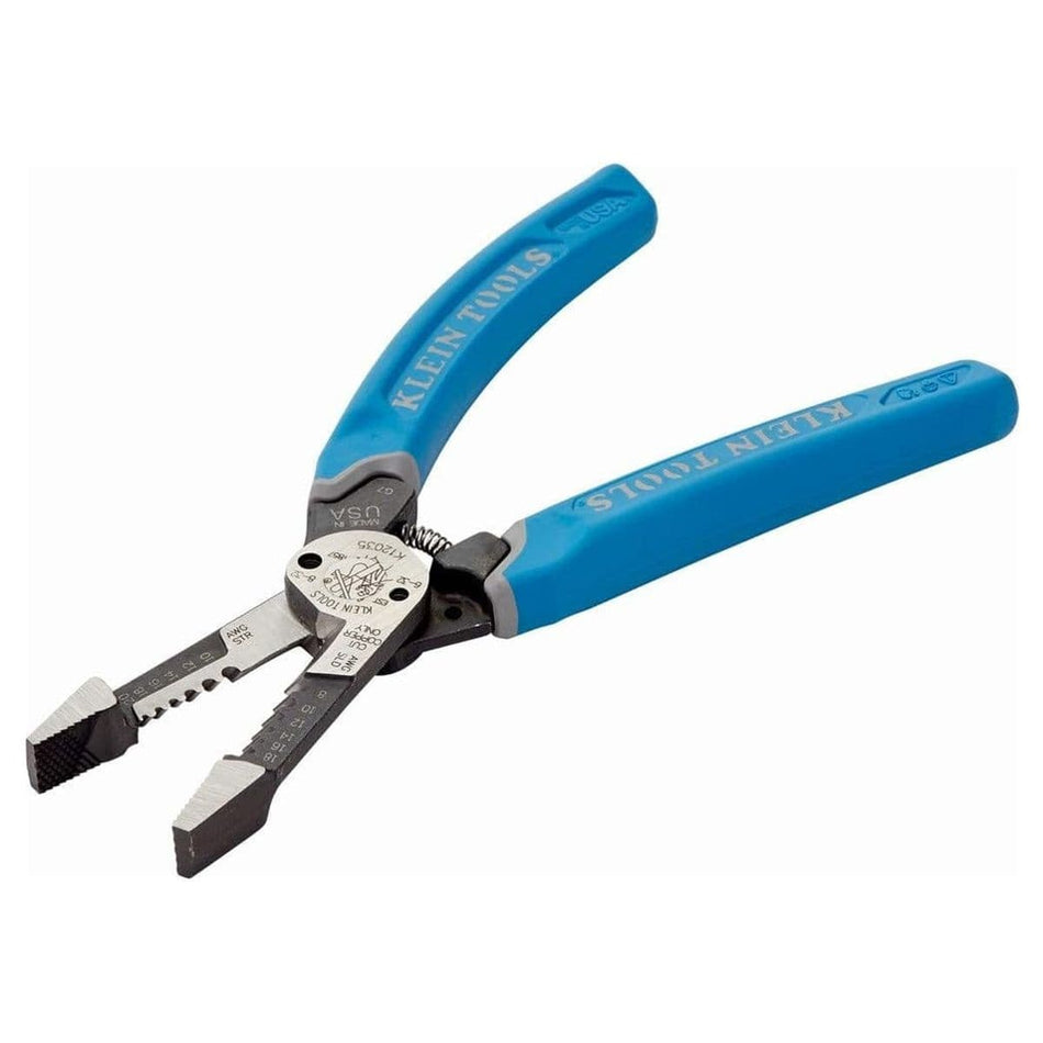 A studio product shot of the Klein Tools K12035 8-inch forged wire stripper and cutter, displaying the open jaws, textured comfort grips, and durable hot-riveted joint for smooth, wobble-free operation.
