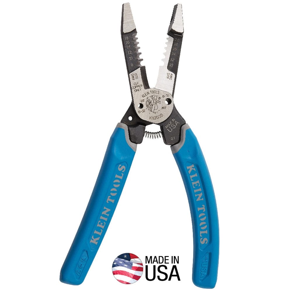 A professional product shot of the Klein Tools K12035 heavy-duty forged wire stripper and cutter, featuring blue and gray Klein-Kurve comfort grip handles and a precision-ground head with a Made in USA emblem.