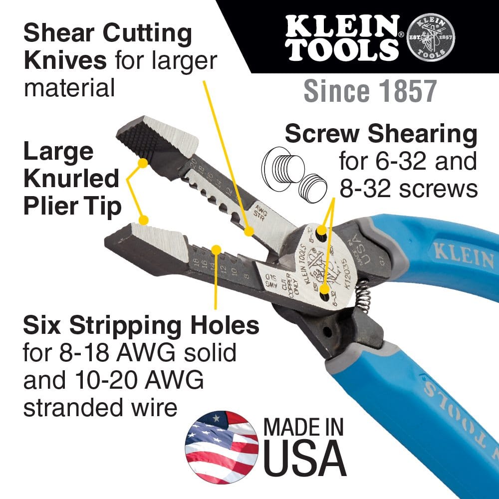 A detailed feature graphic for the Klein K12035 wire stripper, highlighting the large knurled plier tip, shear cutting knives for larger material, screw shearing holes for 6-32 and 8-32 screws, and six stripping holes for solid and stranded wire.