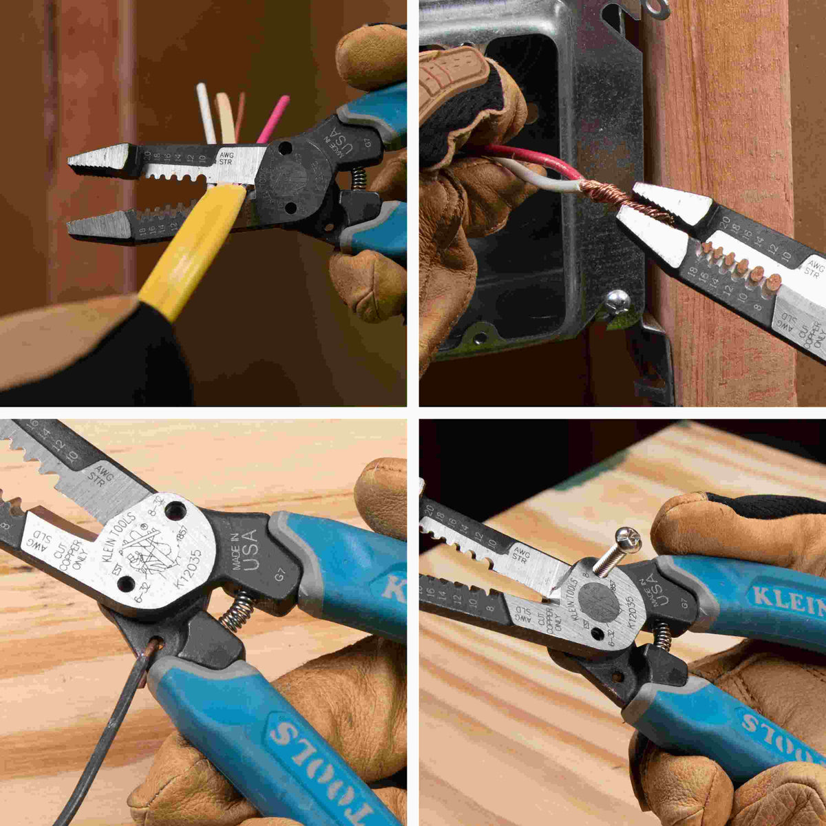 A four-panel instructional graphic showing the Klein forged multi-tool in action: stripping insulation from a wire, twisting two copper wires together using the knurled jaws, cutting a heavy-duty cable, and shearing a metal screw to length.