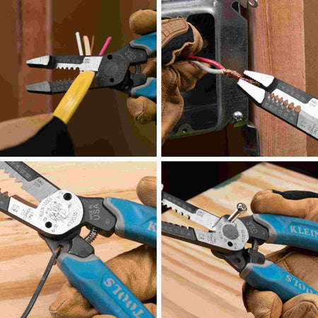 A four-panel instructional graphic showing the Klein forged multi-tool in action: stripping insulation from a wire, twisting two copper wires together using the knurled jaws, cutting a heavy-duty cable, and shearing a metal screw to length.