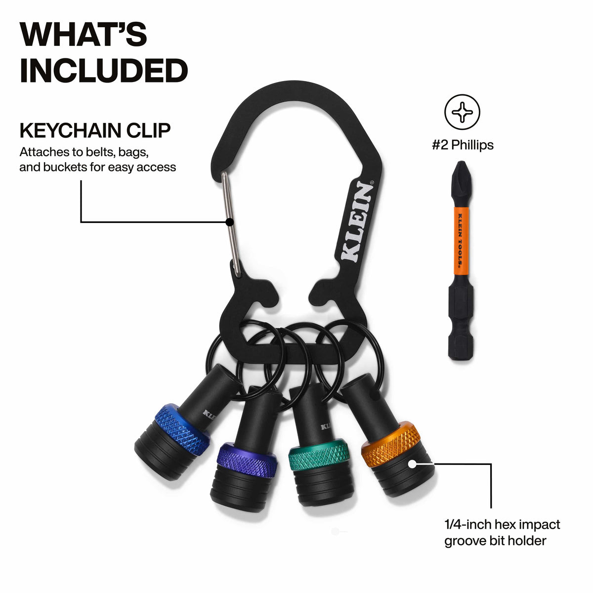 A component breakdown image titled What’s Included, displaying the black keychain clip, four 1/4-inch hex impact groove bit holders with color-coded rings, and a #2 Phillips head driver bit for organized tool storage.