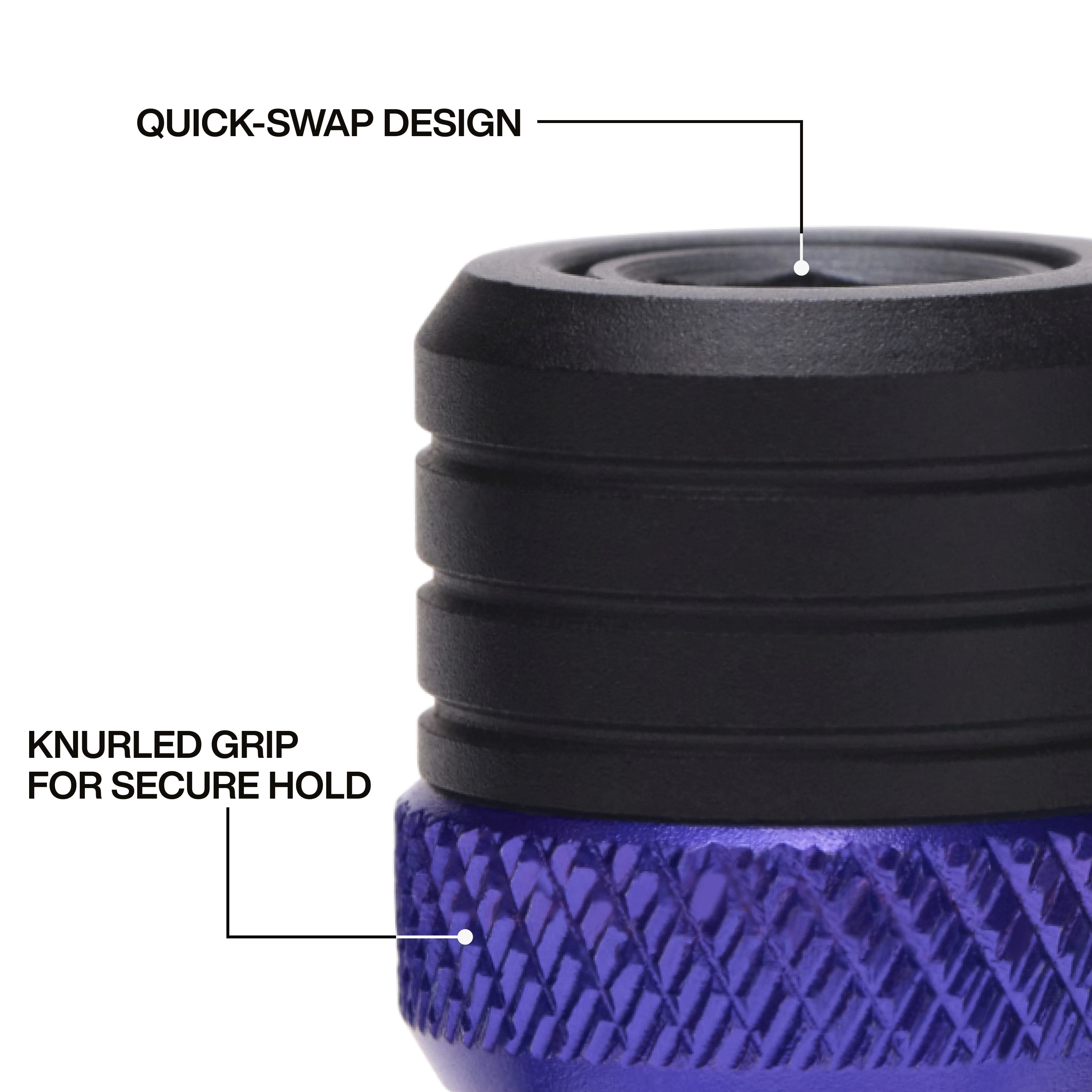 Close-up detail of a single aluminum bit holder, highlighting the quick-swap auto-lock collar design and the textured knurled grip on the purple identification band for secure handling and easy bit changes.