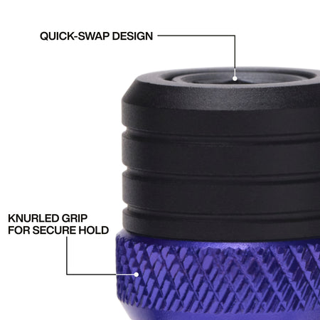 Close-up detail of a single aluminum bit holder, highlighting the quick-swap auto-lock collar design and the textured knurled grip on the purple identification band for secure handling and easy bit changes.
