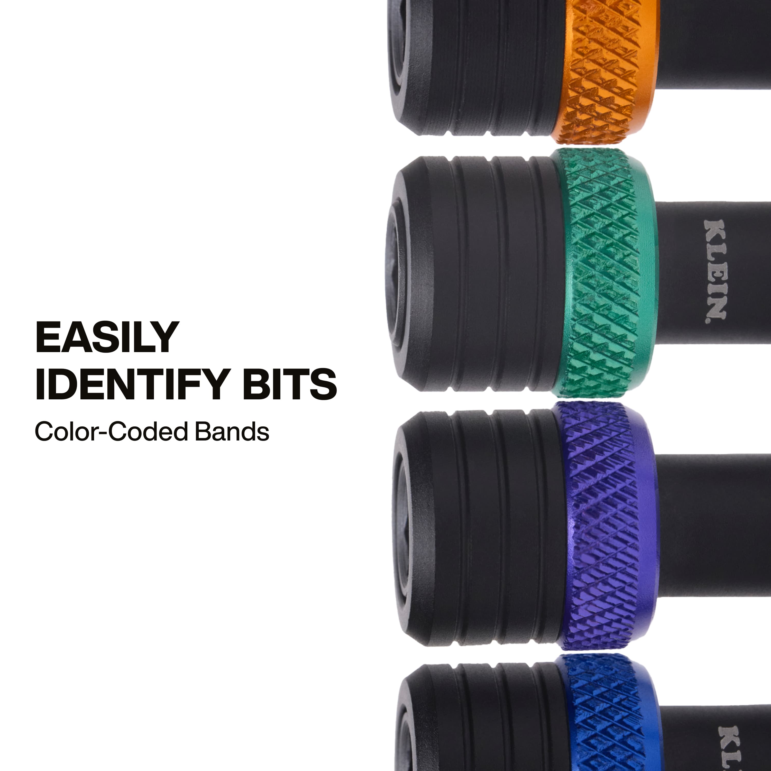 A vertical arrangement of four Klein Tools bit holders, showcasing the vibrant orange, green, purple, and blue color-coded bands used for rapid visual identification of different 1/4-inch hex shank driver bits.