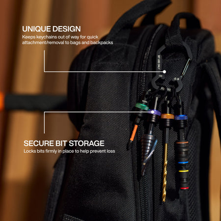 An in-use application shot showing the bit holder keychain set clipped to a black job site backpack, securely holding a Phillips bit, a step drill bit, a standard drill bit, and a flip socket to demonstrate hands-free storage and loss prevention.