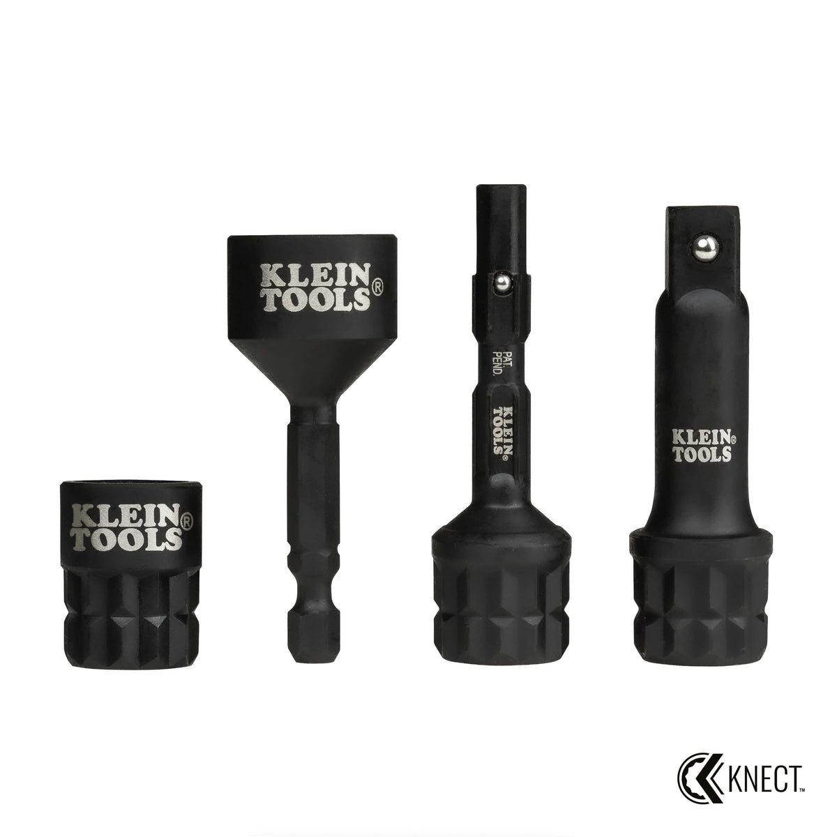 Four Klein KNECT M adapters arranged to display drive conversion ends including reducer, impact driver, flip socket, and 3/8-inch square drive adapters.
