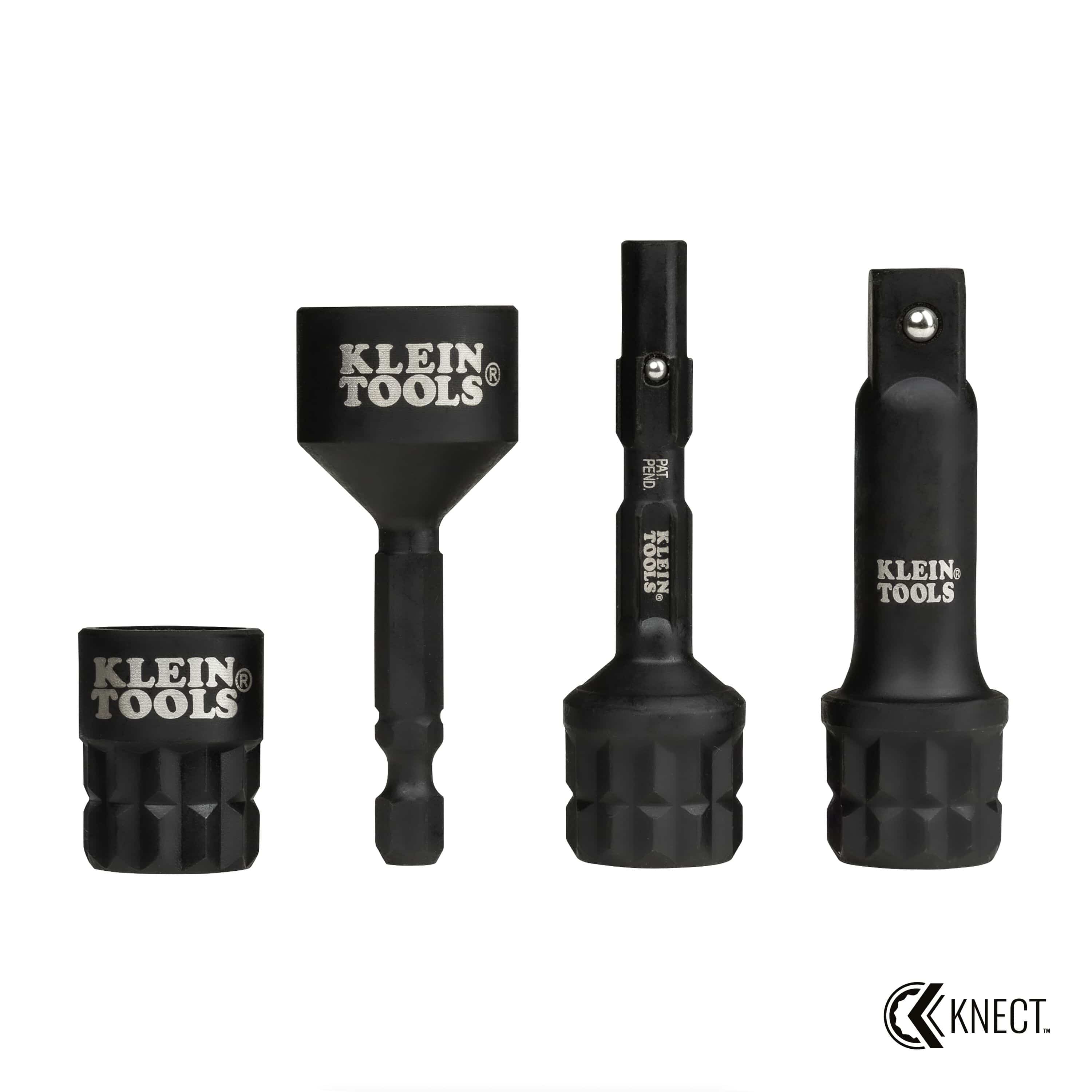 Four Klein KNECT M adapters arranged to display drive conversion ends including reducer, impact driver, flip socket, and 3/8-inch square drive adapters.