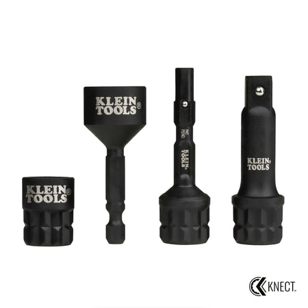 Four Klein KNECT M adapters arranged to display drive conversion ends including reducer, impact driver, flip socket, and 3/8-inch square drive adapters.