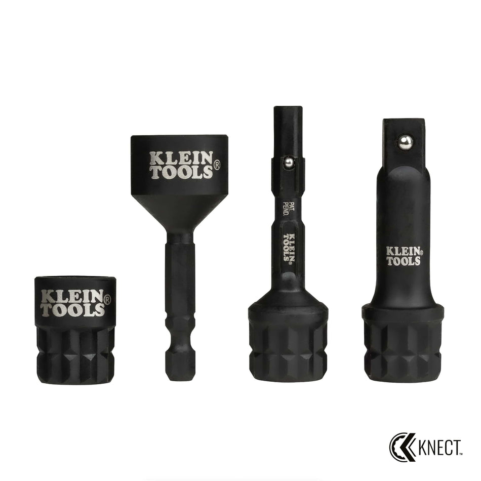 Four Klein KNECT M adapters arranged to display drive conversion ends including reducer, impact driver, flip socket, and 3/8-inch square drive adapters.