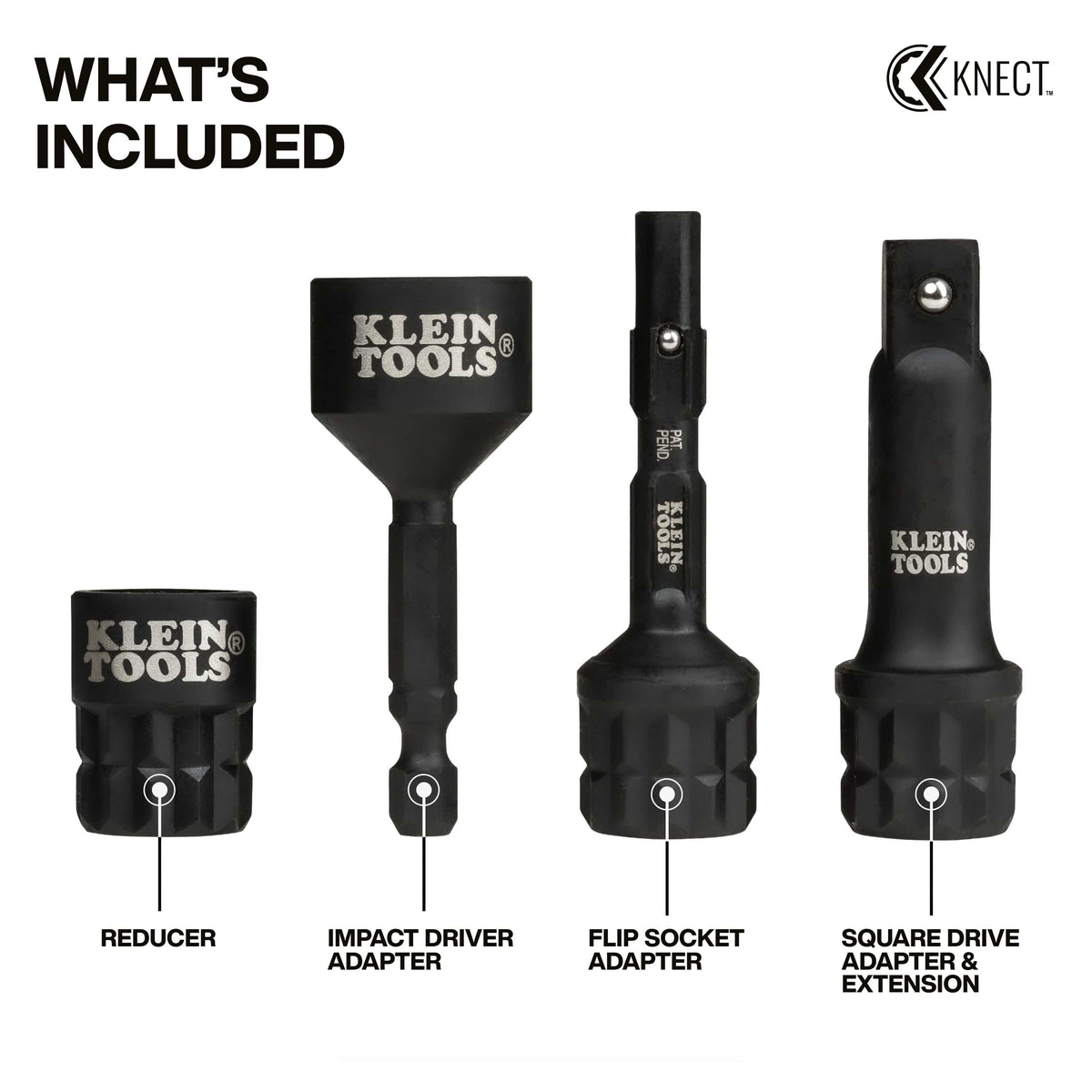Diagram labeling all four components of the Klein 65KADPM set including reducer, impact driver, flip socket, and 3/8-inch square drive extension adapters.