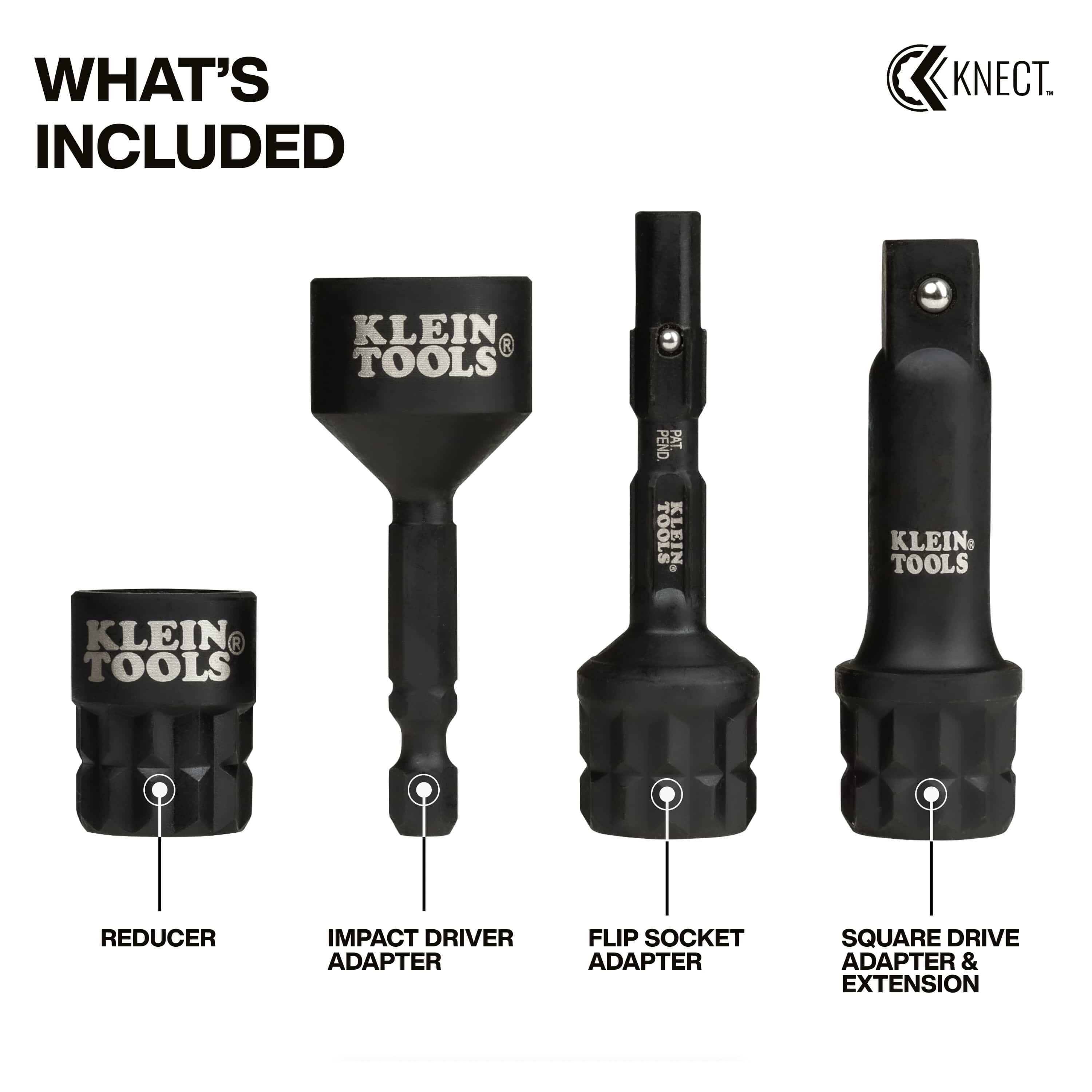 Diagram labeling all four components of the Klein 65KADPM set including reducer, impact driver, flip socket, and 3/8-inch square drive extension adapters.