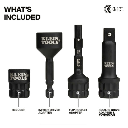 Diagram labeling all four components of the Klein 65KADPM set including reducer, impact driver, flip socket, and 3/8-inch square drive extension adapters.