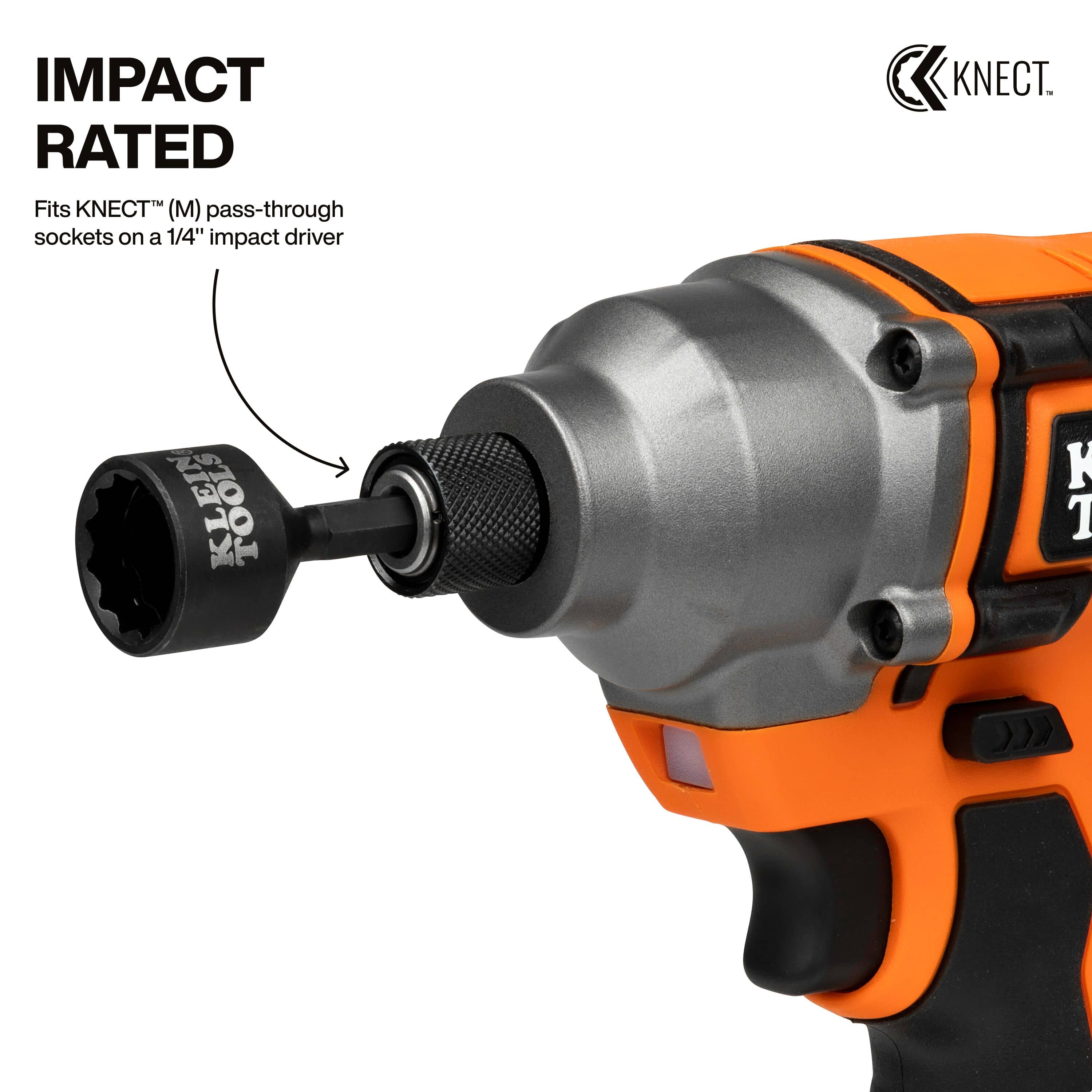 Klein impact driver adapter inserting into a 1/4-inch cordless impact driver chuck to illustrate running pass-through sockets on power tools.