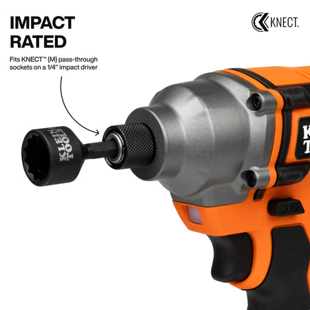 Klein impact driver adapter inserting into a 1/4-inch cordless impact driver chuck to illustrate running pass-through sockets on power tools.