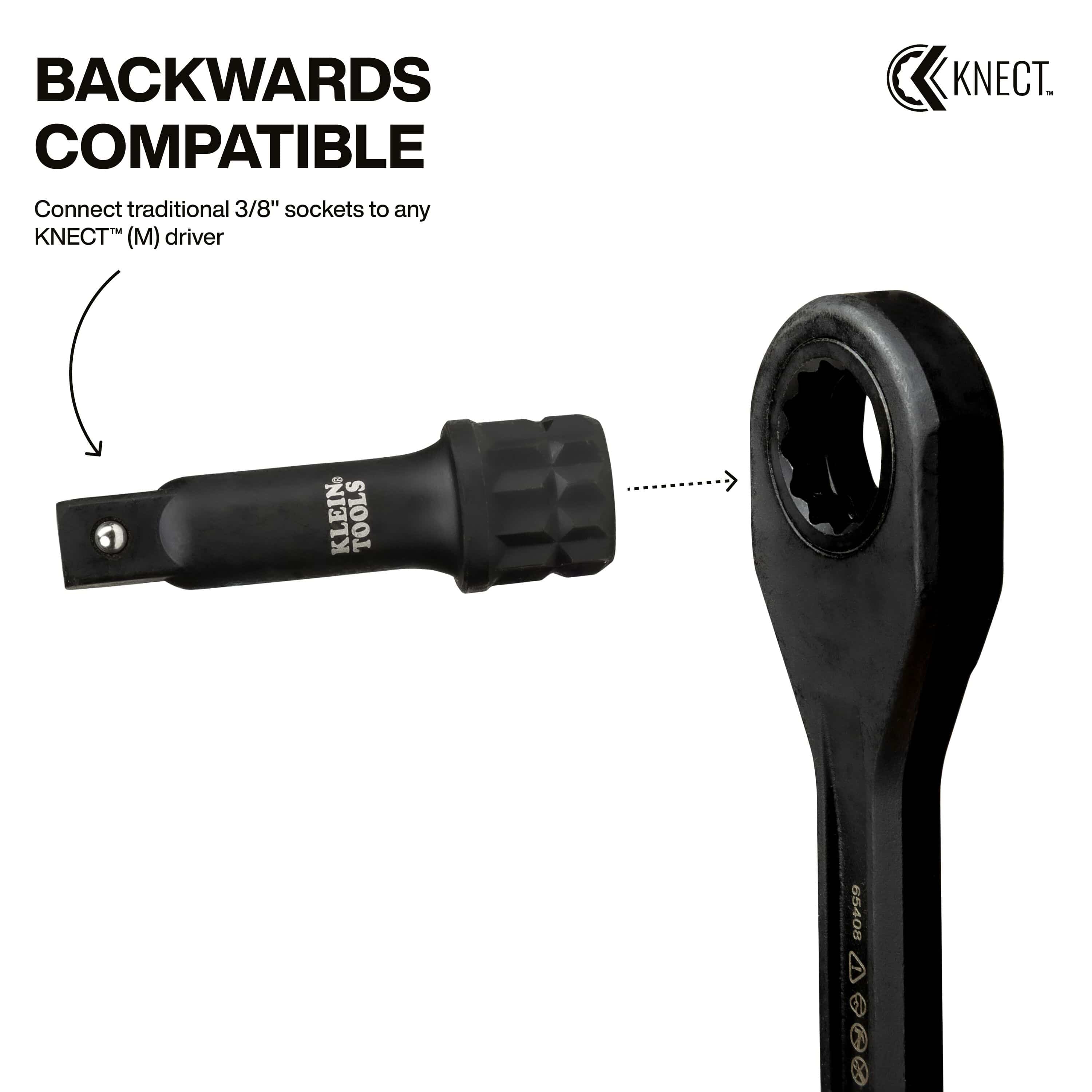 Klein 3/8-inch square drive extension adapter aligning with a KNECT M pass-through ratchet handle to demonstrate backward socket compatibility.