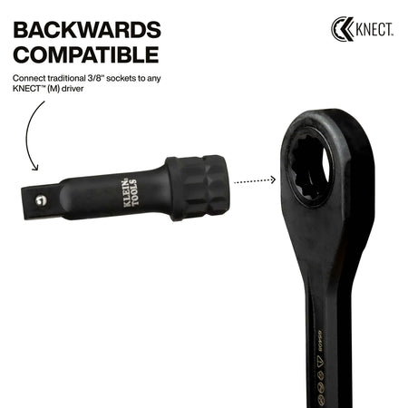 Klein 3/8-inch square drive extension adapter aligning with a KNECT M pass-through ratchet handle to demonstrate backward socket compatibility.
