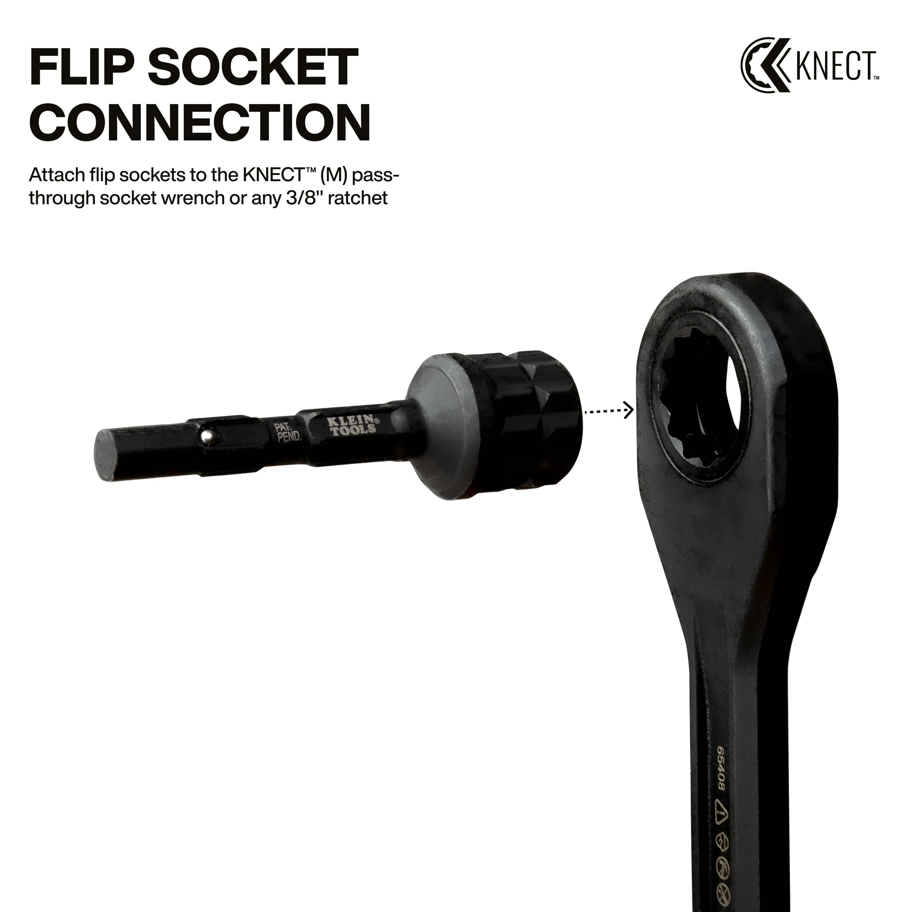 Diagram showing how the Klein flip socket adapter connects modular flip sockets directly into a KNECT M pass-through ratchet handle.