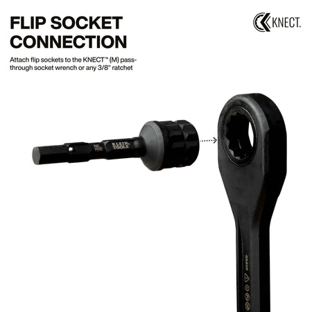 Diagram showing how the Klein flip socket adapter connects modular flip sockets directly into a KNECT M pass-through ratchet handle.