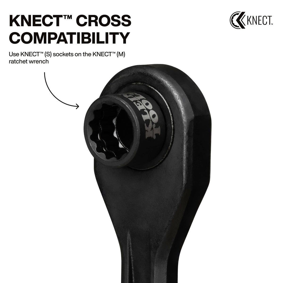 Diagram showing the KNECT M to S reducer adapter mounted inside a KNECT M ratchet wrench to drive smaller S-series pass-through sockets.