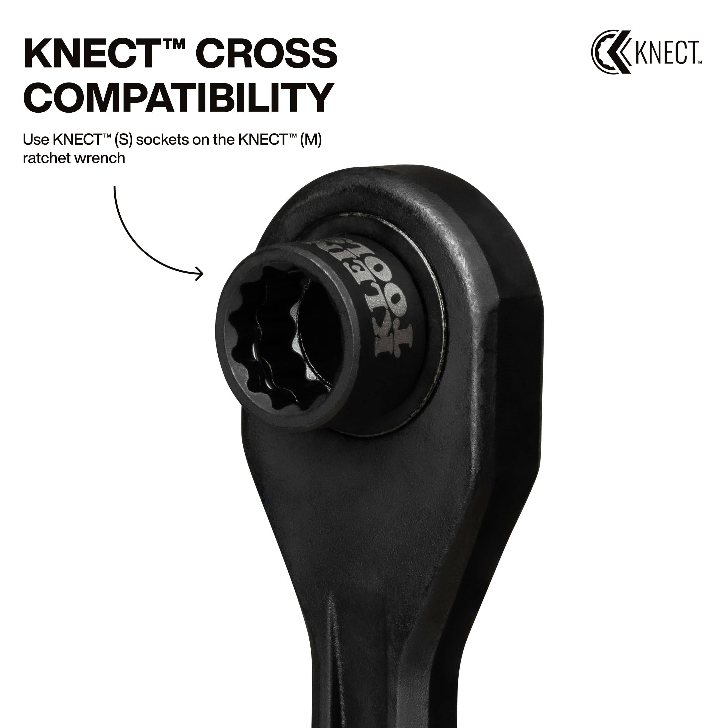 Diagram showing the KNECT M to S reducer adapter mounted inside a KNECT M ratchet wrench to drive smaller S-series pass-through sockets.