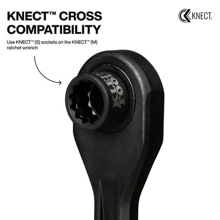 Diagram showing the KNECT M to S reducer adapter mounted inside a KNECT M ratchet wrench to drive smaller S-series pass-through sockets.