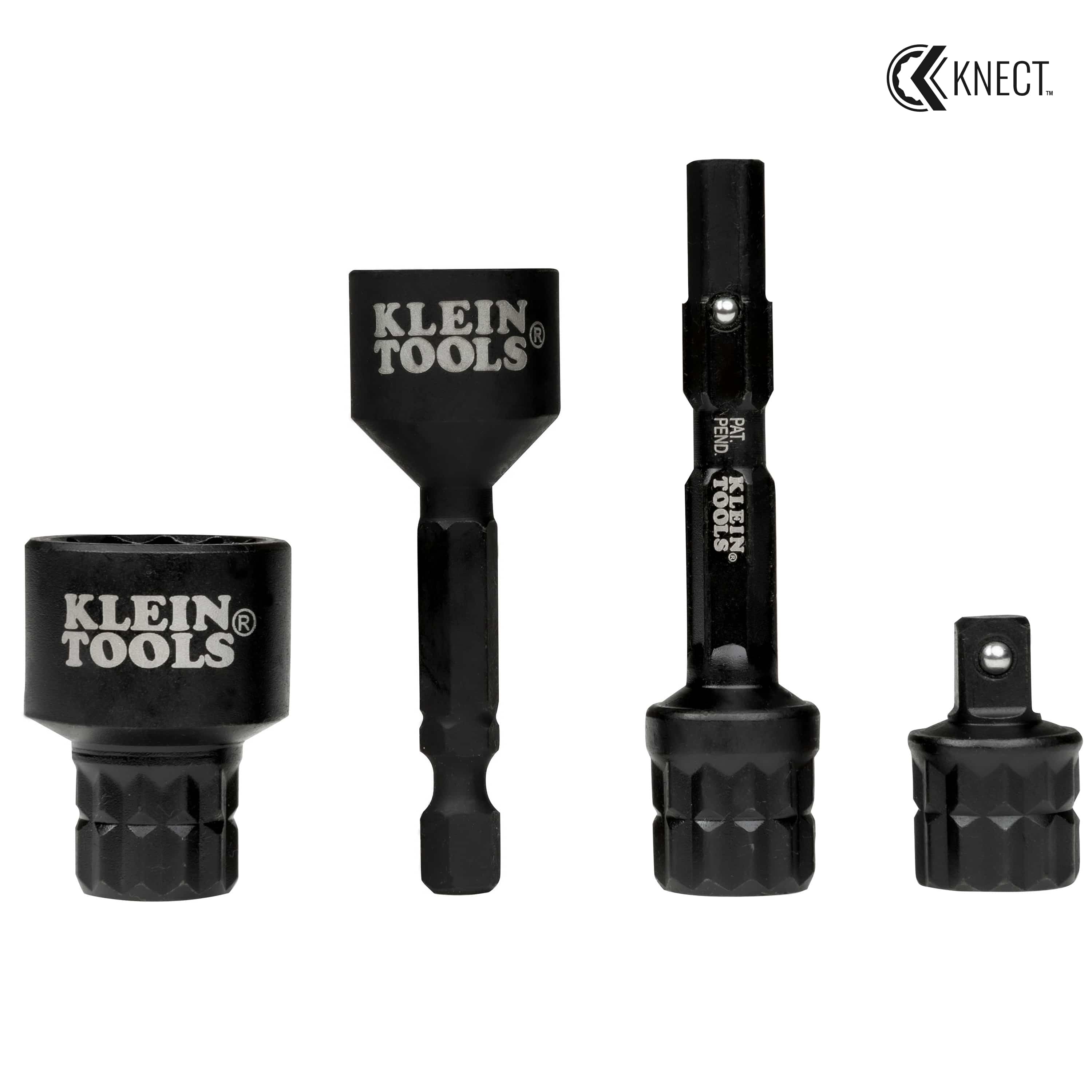 Four Klein KNECT S adapters arranged to show drive interfaces including expander, impact driver, flip socket, and 1/4-inch square drive adapters.