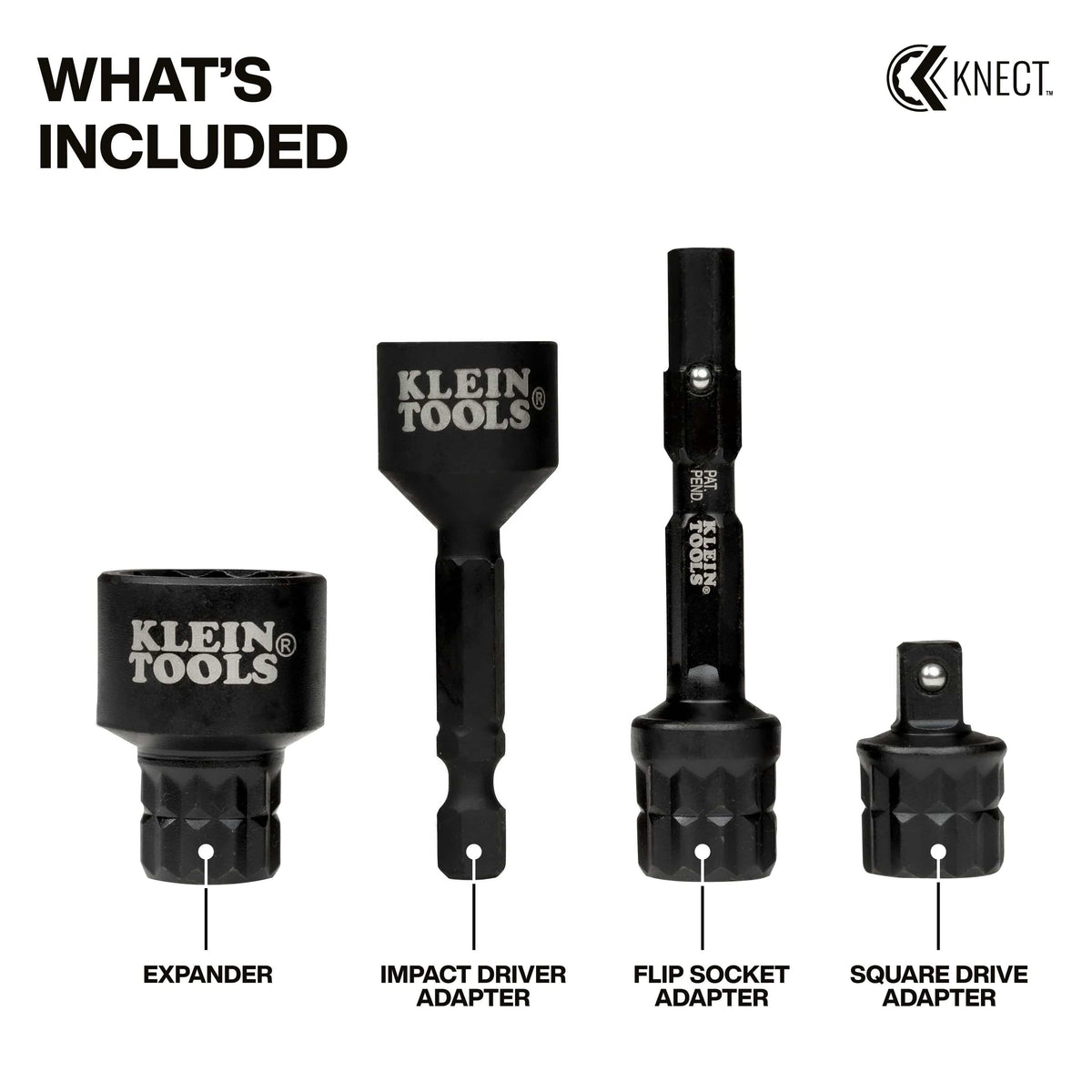 Diagram identifying all four components of the Klein 65KADPS kit including expander, impact driver, flip socket, and square drive adapters.