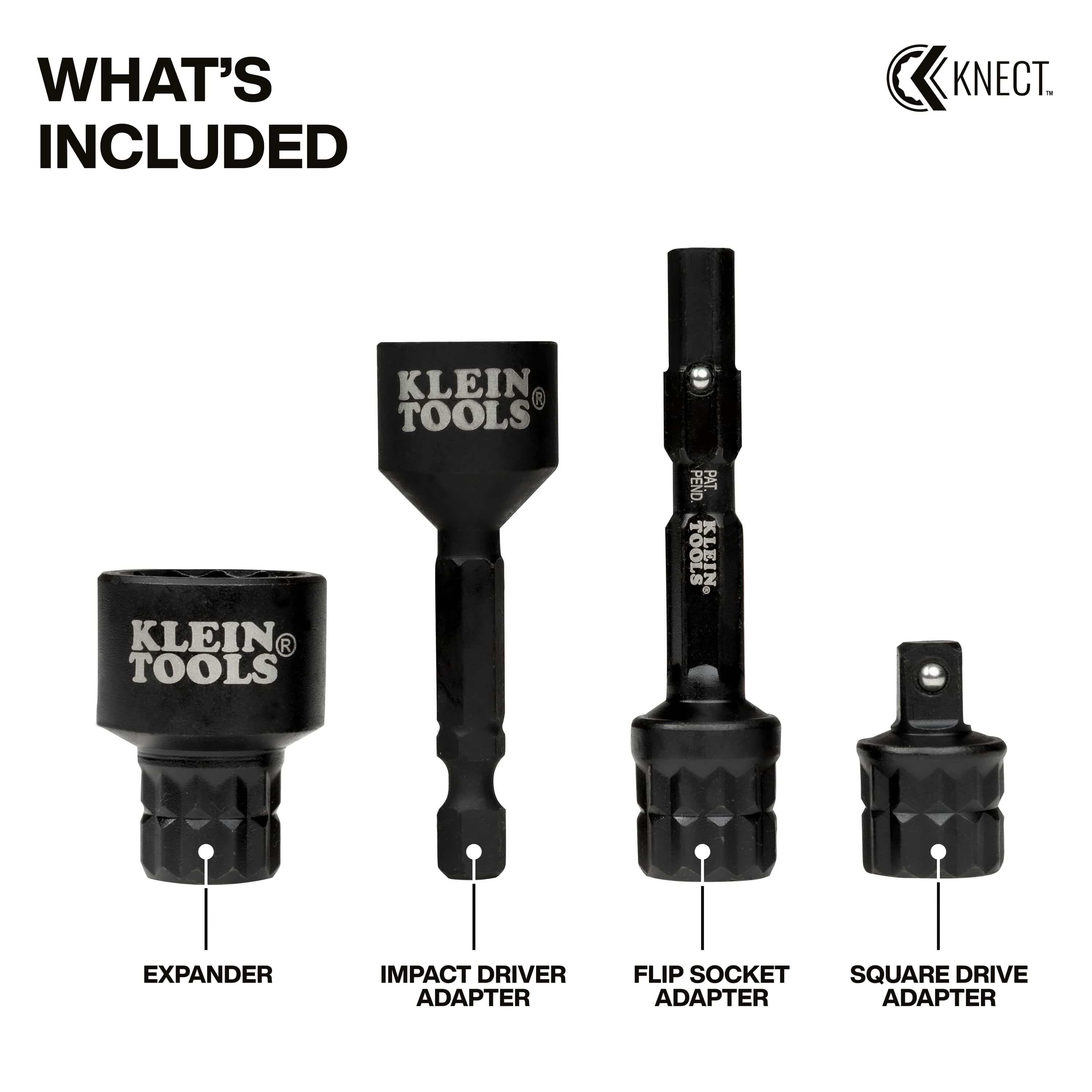 Diagram identifying all four components of the Klein 65KADPS kit including expander, impact driver, flip socket, and square drive adapters.
