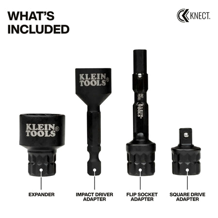 Diagram identifying all four components of the Klein 65KADPS kit including expander, impact driver, flip socket, and square drive adapters.
