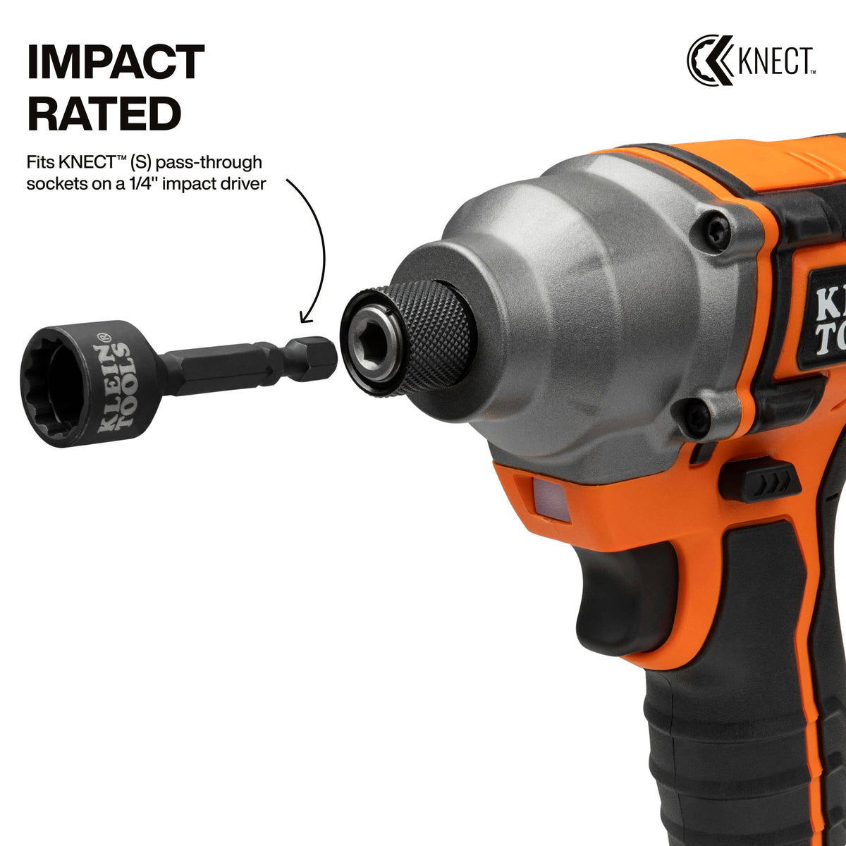 Klein impact driver adapter aligning with a 1/4-inch cordless impact chuck to demonstrate converting power tools for pass-through sockets.