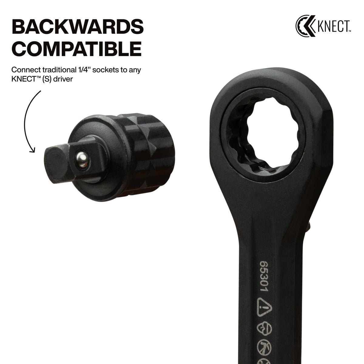 Klein 1/4-inch square drive adapter aligning with a KNECT S pass-through wrench to illustrate backward compatibility with standard sockets.