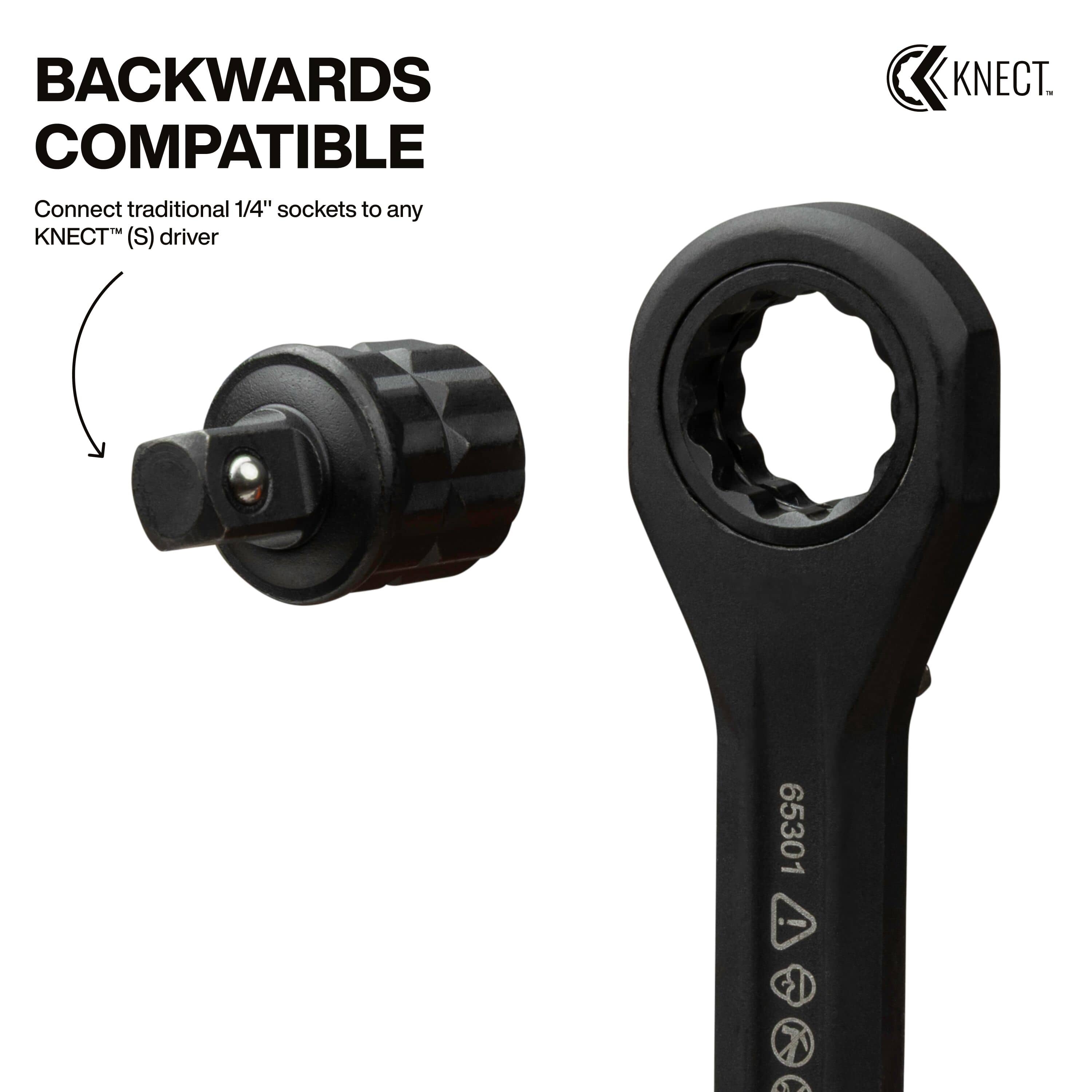 Klein 1/4-inch square drive adapter aligning with a KNECT S pass-through wrench to illustrate backward compatibility with standard sockets.