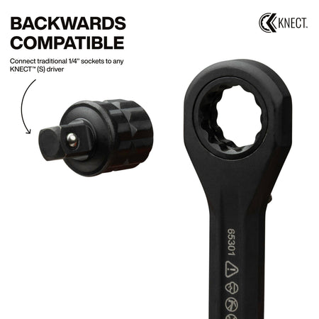 Klein 1/4-inch square drive adapter aligning with a KNECT S pass-through wrench to illustrate backward compatibility with standard sockets.