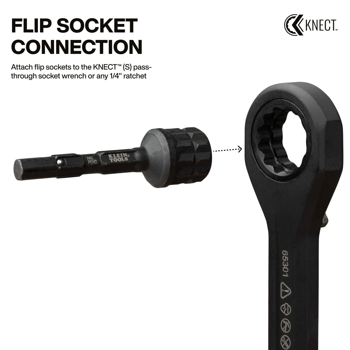 Diagram demonstrating how the Klein flip socket adapter connects modular flip sockets directly to KNECT S pass-through ratchet handles.