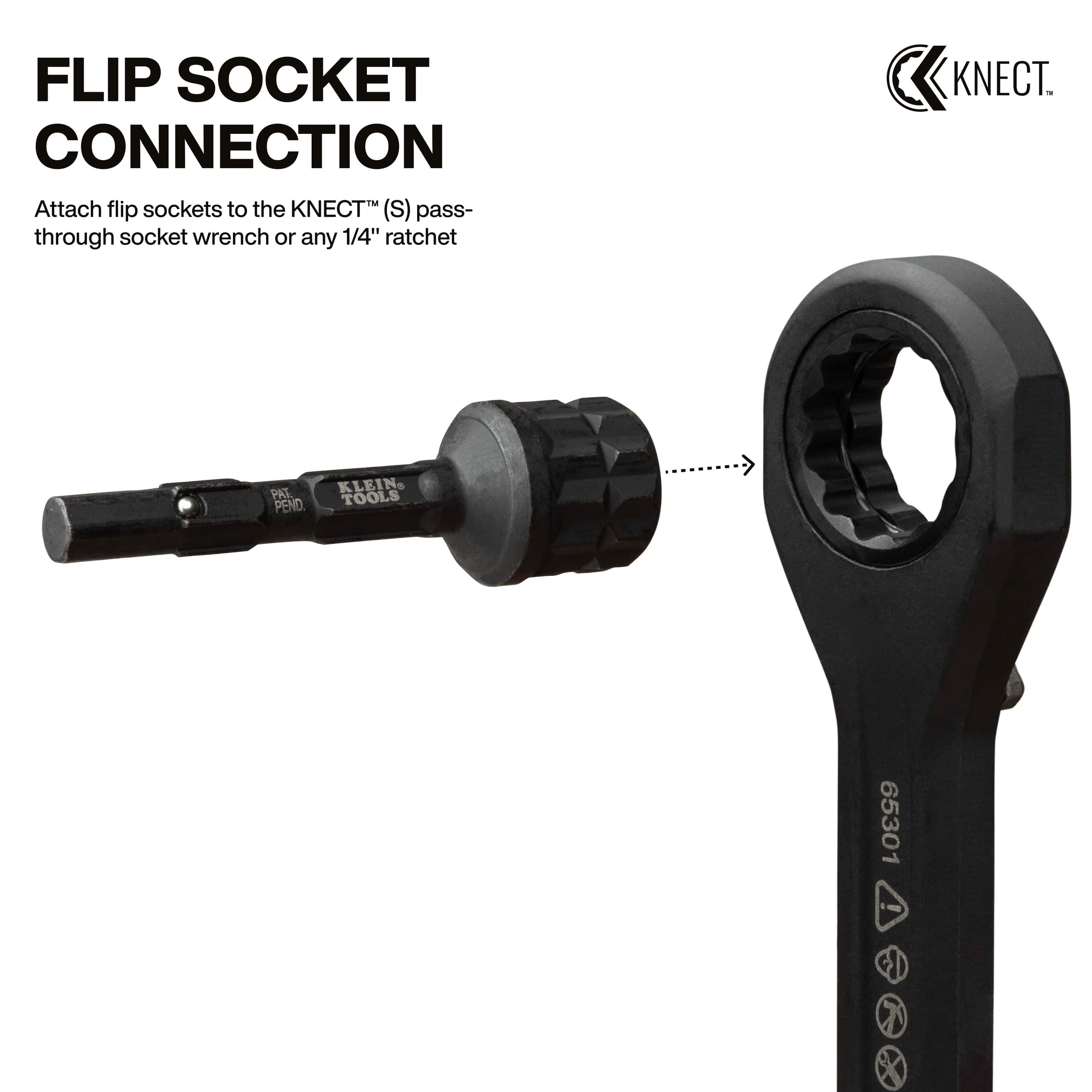 Diagram demonstrating how the Klein flip socket adapter connects modular flip sockets directly to KNECT S pass-through ratchet handles.