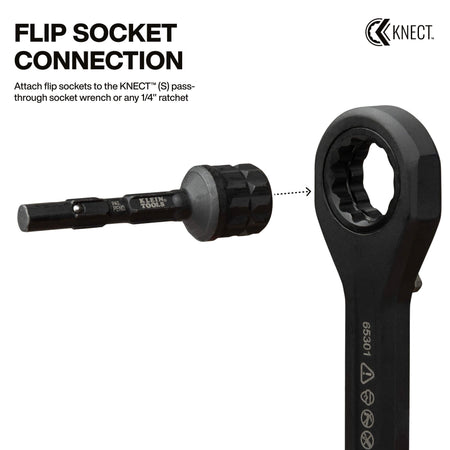 Diagram demonstrating how the Klein flip socket adapter connects modular flip sockets directly to KNECT S pass-through ratchet handles.