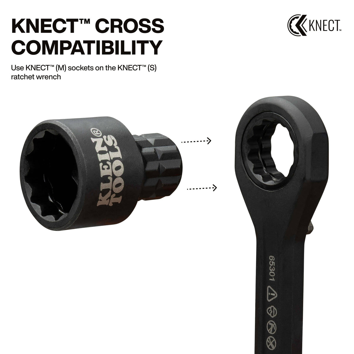 Diagram illustrating how the KNECT S to M expander adapter connects larger M-series sockets to a smaller S-series pass-through ratchet.