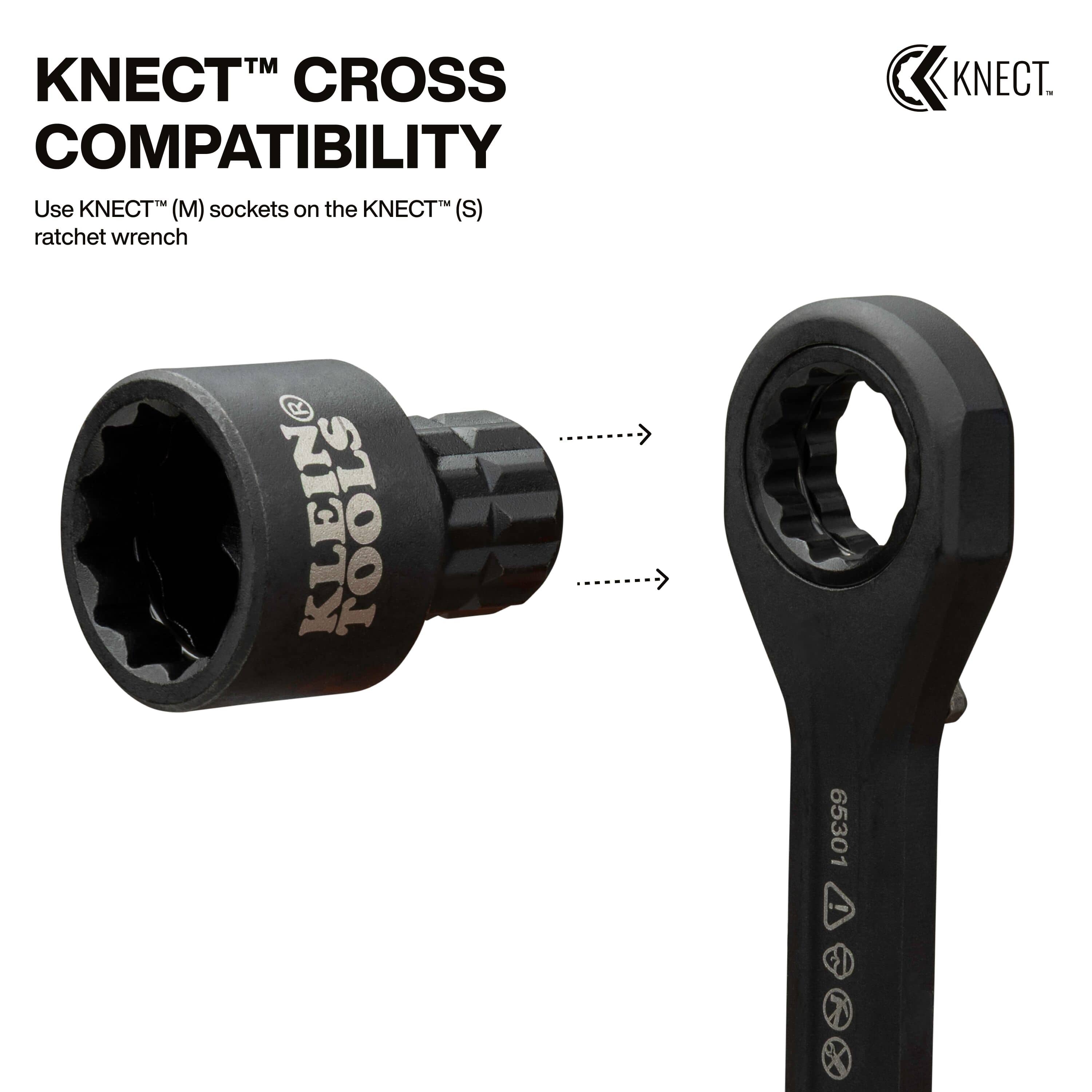 Diagram illustrating how the KNECT S to M expander adapter connects larger M-series sockets to a smaller S-series pass-through ratchet.