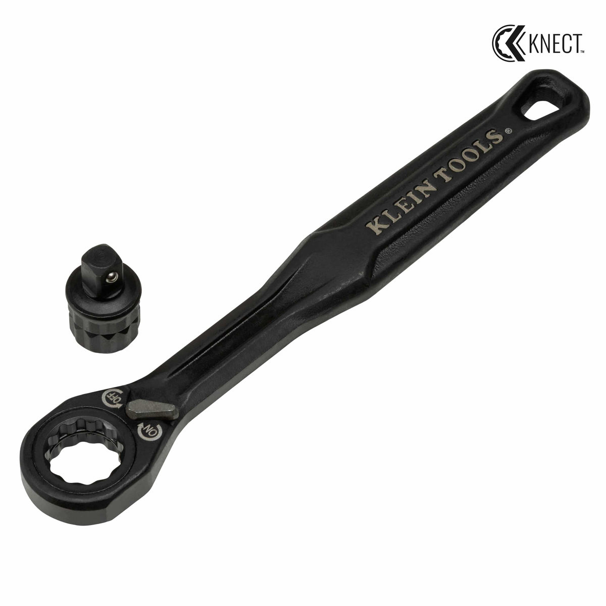 Klein 65301ADP KNECT S pass-through ratcheting wrench laid flat alongside its removable 1/4-inch square drive socket adapter.