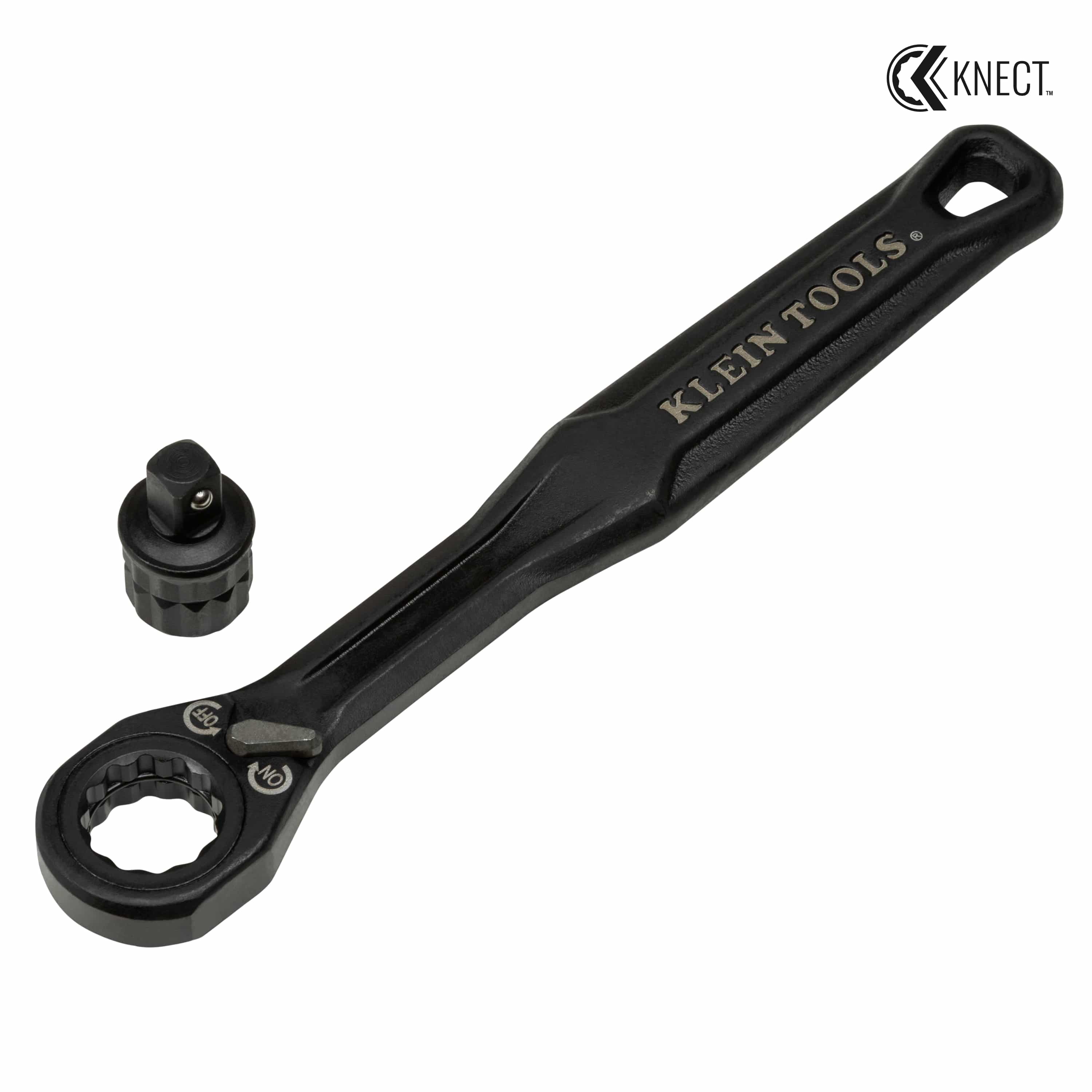 Klein 65301ADP KNECT S pass-through ratcheting wrench laid flat alongside its removable 1/4-inch square drive socket adapter.