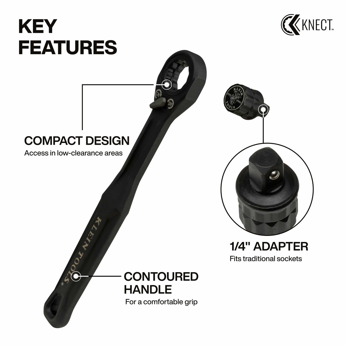Diagram highlighting the low-profile head, contoured handle, and 1/4-inch square adapter callouts on the Klein KNECT S wrench.