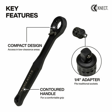 Diagram highlighting the low-profile head, contoured handle, and 1/4-inch square adapter callouts on the Klein KNECT S wrench.