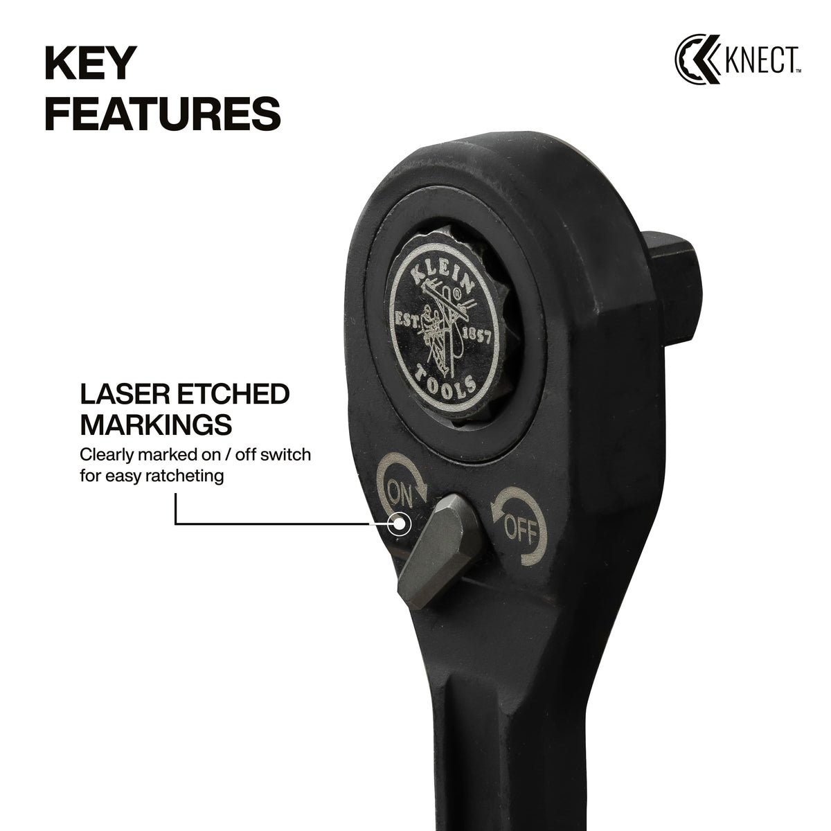 Close-up of the laser-etched directional switch on the Klein KNECT S ratchet head indicating clockwise and counterclockwise control.