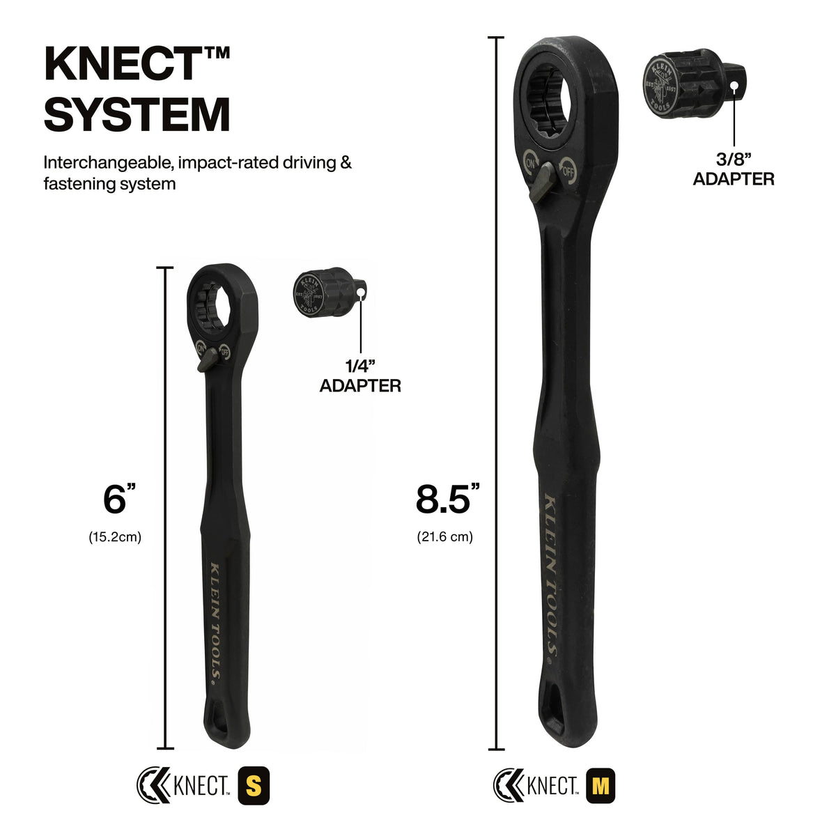 Diagram comparing the 6-inch KNECT S ratchet with 1/4-inch adapter to the 8.5-inch KNECT M ratchet with 3/8-inch adapter.